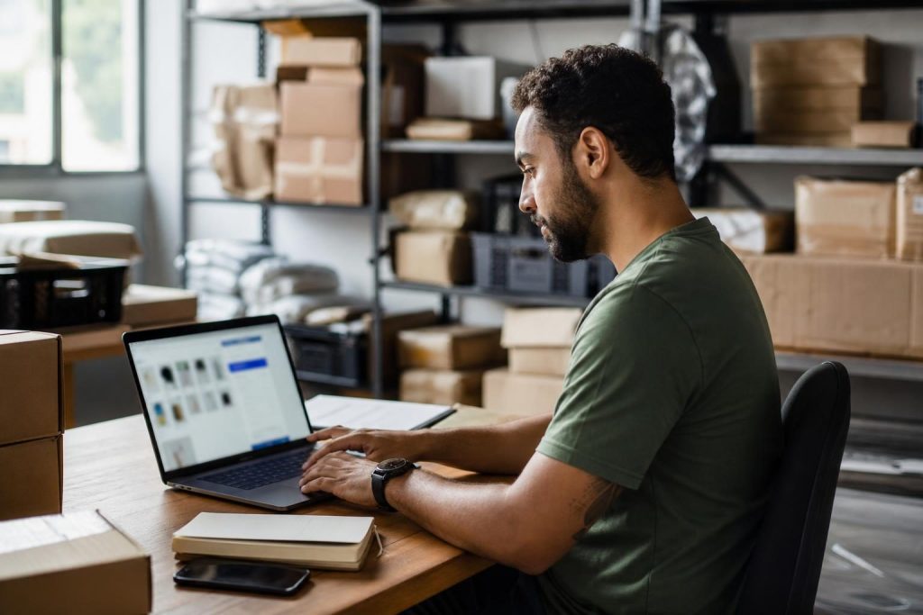Gestor de e-commerce brasileiro analisando catálogo e checkout em um escritório com pedidos ao fundo