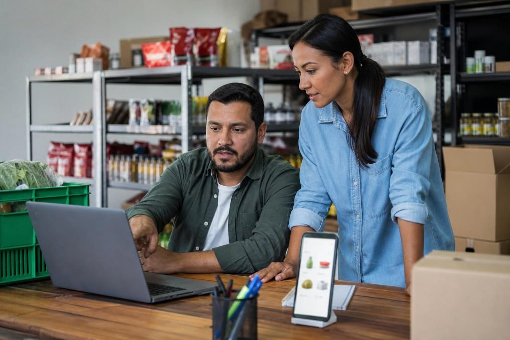 Gestores brasileiros de e-commerce analisando um assistente de compras com IA em um estoque de loja virtual