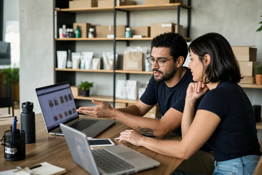 Gestores brasileiros de e-commerce analisando busca interna e páginas de lista de produtos em computadores