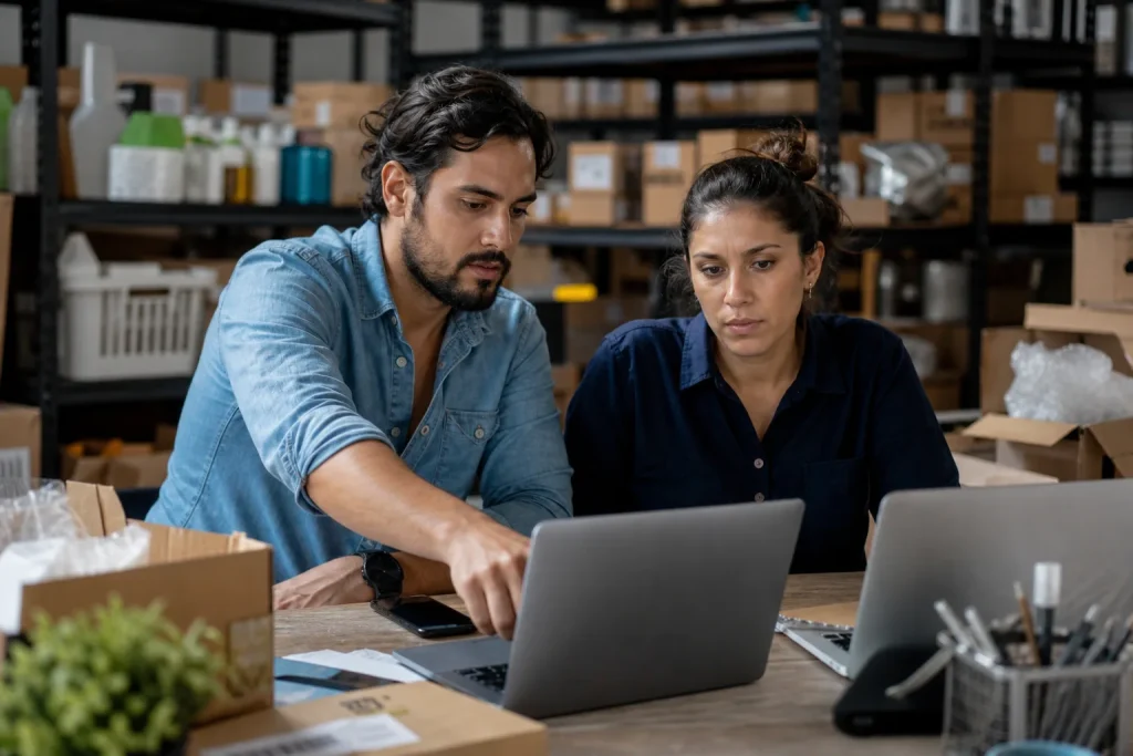 Equipe de e-commerce revisando dados de catálogo para buscas e agentes de IA