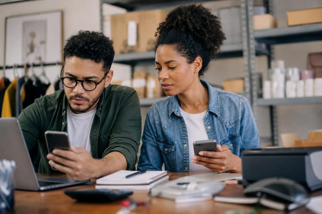 Gestores brasileiros de e-commerce analisando atendimento com IA em escritório com estoque ao fundo