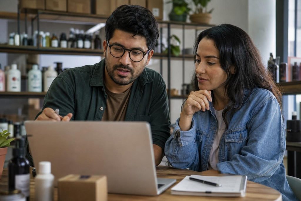 Gestores de loja virtual revisando textos de vendas gerados por IA em um escritório de e-commerce