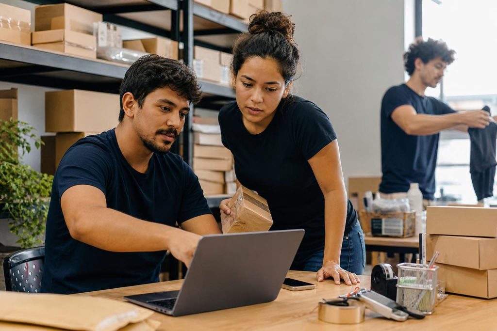 Equipe brasileira de e-commerce revisando dados de produto em notebooks ao lado do estoque