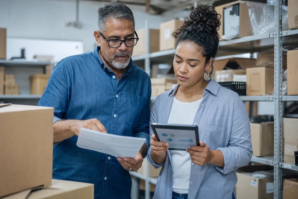 Gestores em estoque de e-commerce analisando acessos automatizados e pedidos suspeitos