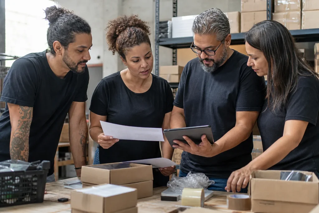 Equipe brasileira de e-commerce avaliando etiquetas, pedidos e painel em tablet antes de adotar ferramentas de IA.
