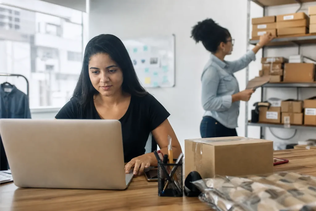 Equipe de e-commerce brasileira analisando conversas de WhatsApp e estoque para vender com IA conversacional