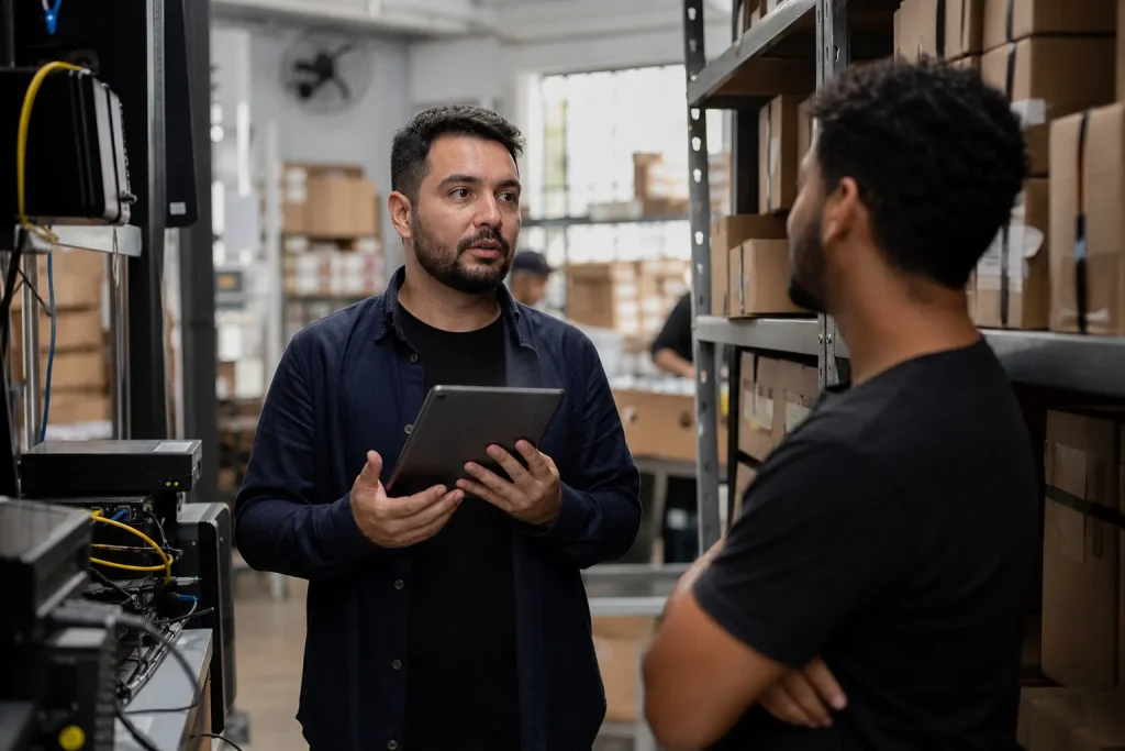 Gestor de e-commerce em estoque avaliando tecnologia e infraestrutura para uso de IA na loja virtual.