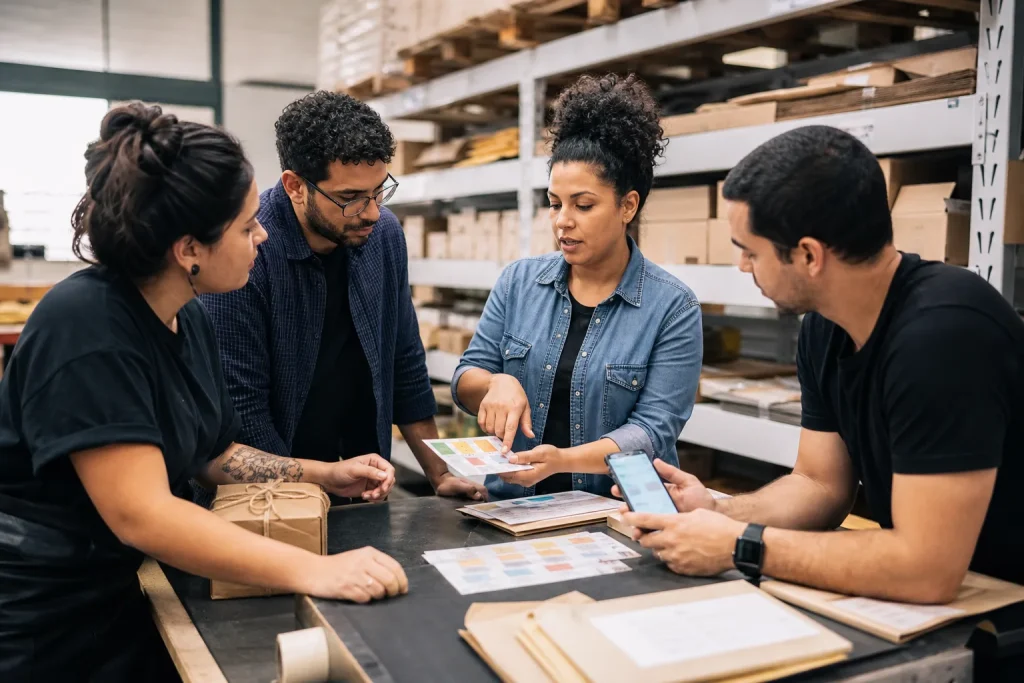 Equipe de e-commerce brasileira organizando cartões de tarefas de IA em uma mesa de estoque