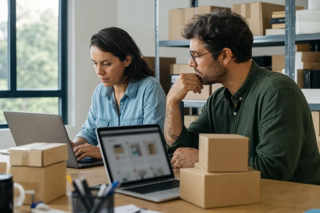 Gestores de loja virtual revisando catálogo de produtos para melhorar recomendação no ChatGPT