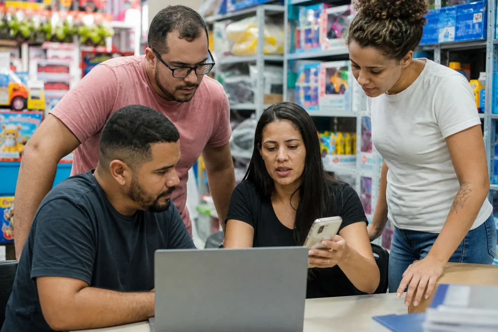 Equipe de loja brasileira analisando conversas de WhatsApp para vendas com agente de IA